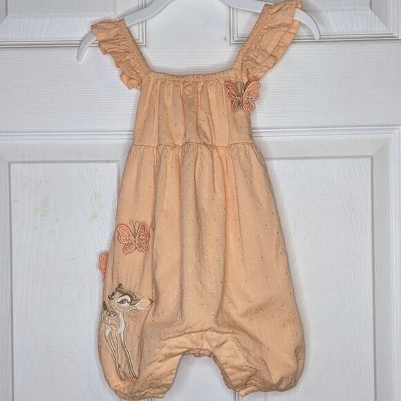 Disney Baby Spring Pink Embroidered Bambi & Butterflies Ruffle Strap Romper 6-9M - Picture 2 of 12